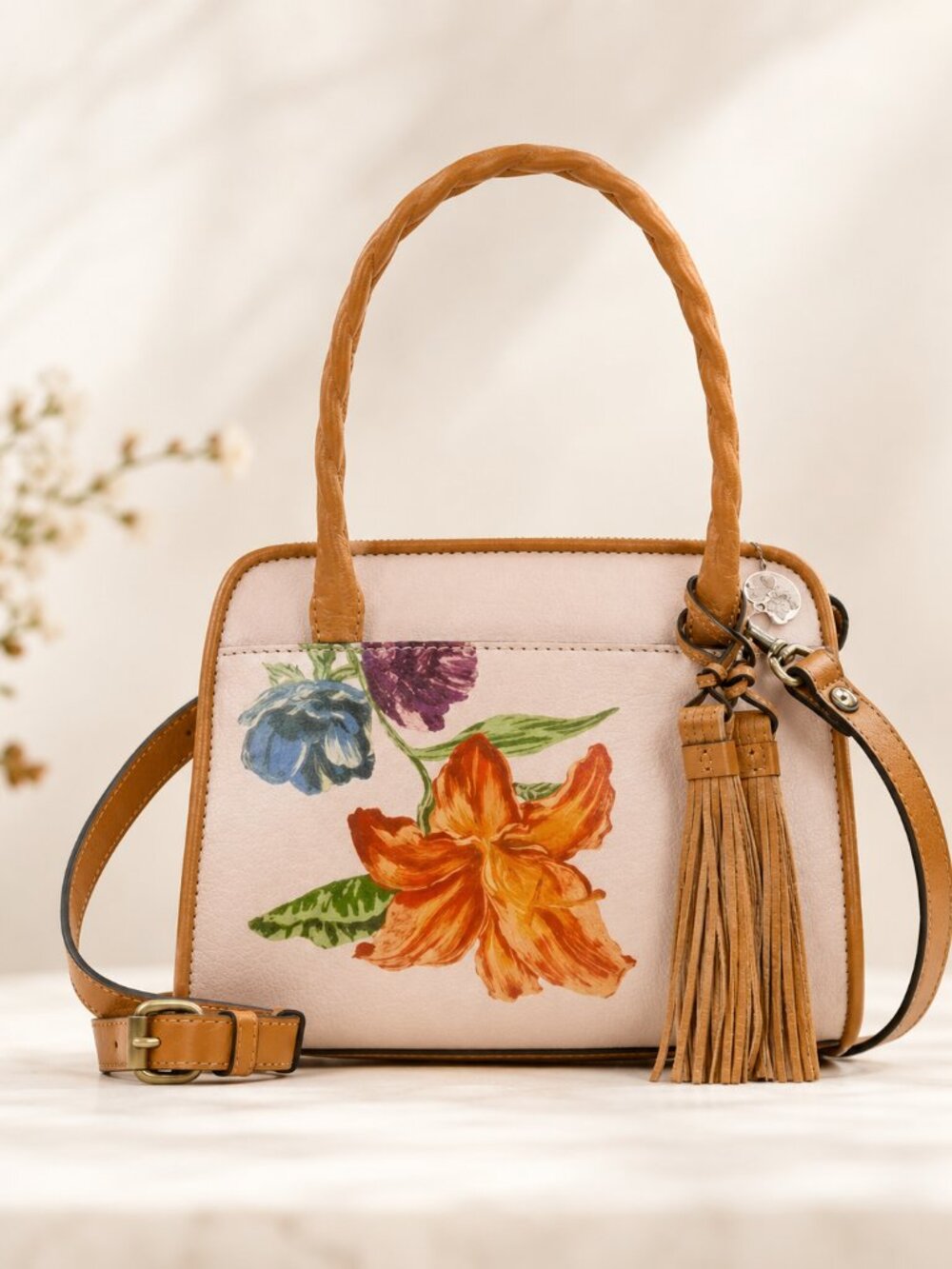 Patricia Nash Bag Paris Satchel Parisian Floral Spot Print Cream w Tassel NEW